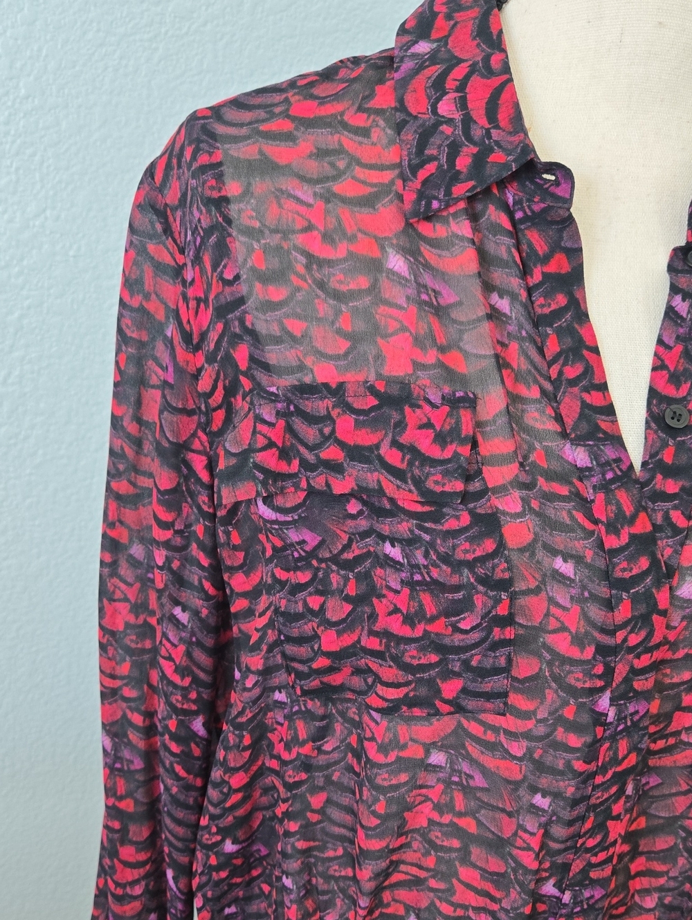 All Saints Adeliza Plume Blouse Jewel Tone Semi Sheer Feather Printed Sz Medium - Picture 6 of 16